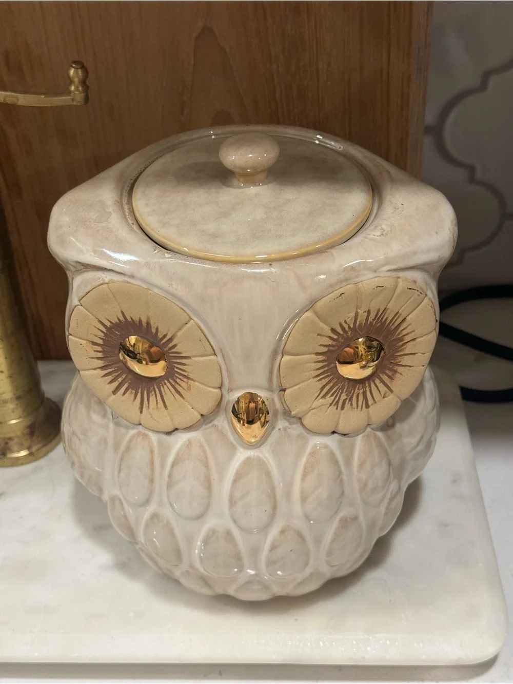 World Market Ceramic Owl Cookie Jar, Light Brown/ Cream with Gold